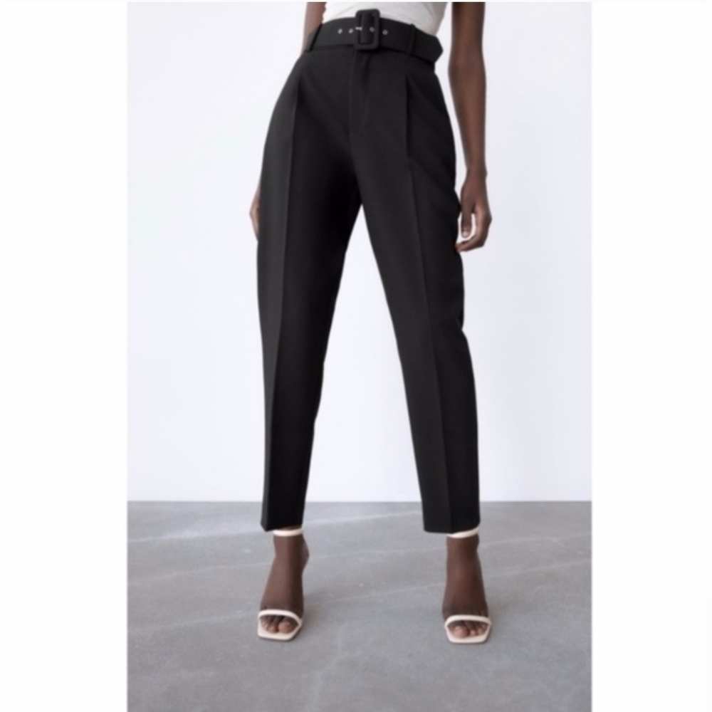 High-Waist Black Belted Tapered Pants